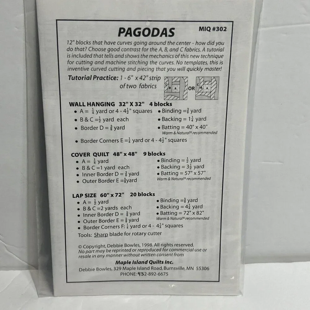 Pagodas Maple Island Quilts MIQ #302 NEW Vintage Sewing Pattern 1998